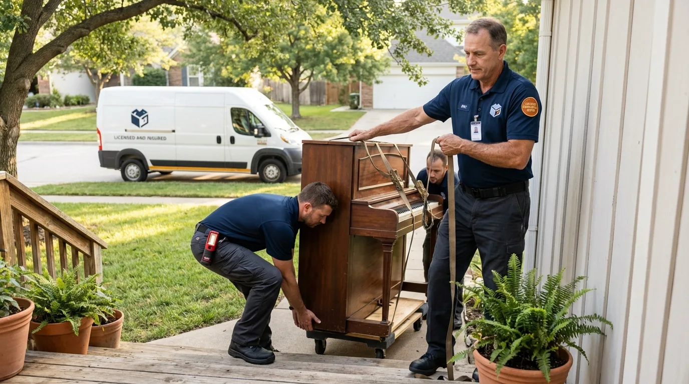 Licensed piano movers securing grand piano in Florida, PR